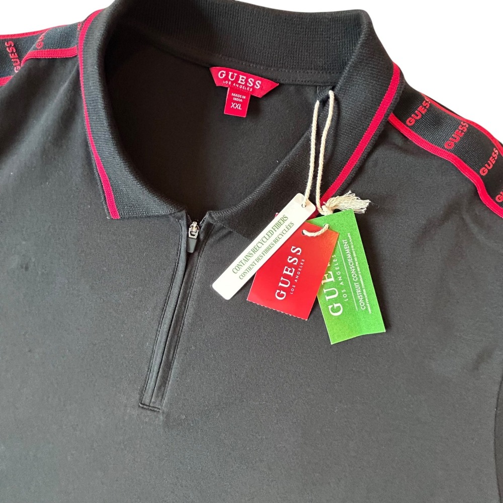 Guess Nico SS Johnny Quarter Zip Polo Shirt Black Red Logo Tape XXL Short Sleeve